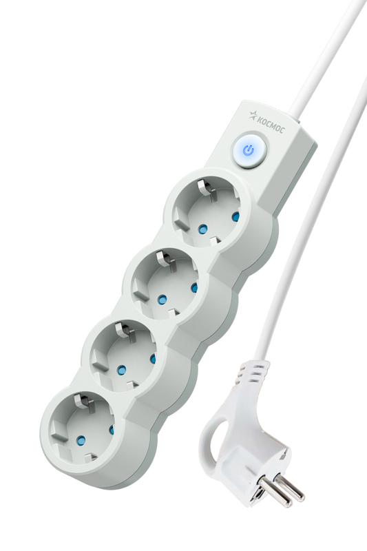 Удлинитель 4х1.5м с заземл. 10А IP20 2200Вт 220В защ. шторки ПВС 3х1 с выкл. бел. КОСМОС YKsm1.5m-4g-Z-V10A-W