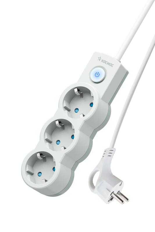 Удлинитель 3х3м с заземл. 10А IP20 2200Вт 220В защ. шторки ПВС 3х1 с выкл. бел. КОСМОС YKsm3m-3g-Z-V10A-W