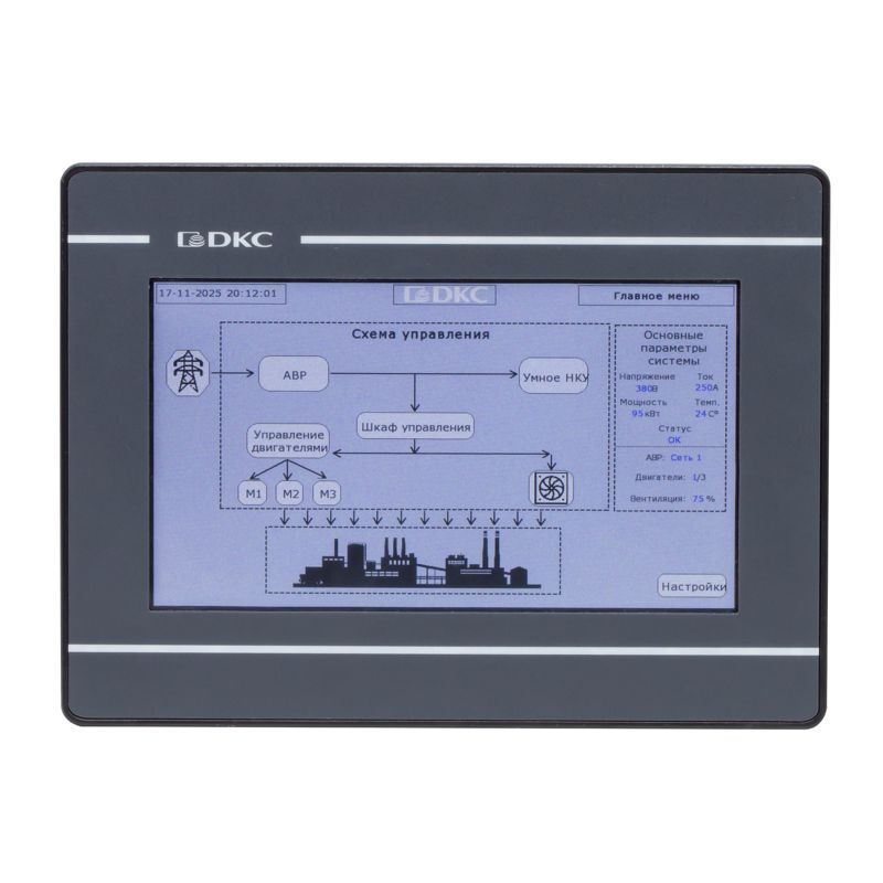 Панель промышленная операторская диагональ 7дюйм 1677М цветов дисплей TFT разрешение 800х480 px порты: 2 COM 1 Micro USB 1 USB 1 Ethernet DKC H1000-T070E