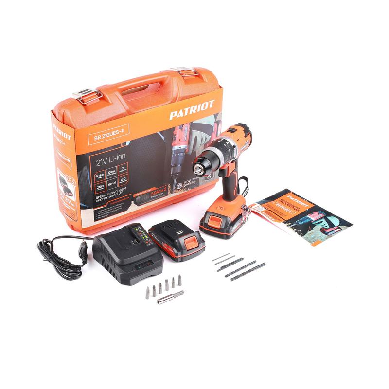 Дрель-шуруповерт аккумуляторная BR 210UES-h BL две АКБ Li-ion 18В 2.0Ач 60Нм УДАРНЫЙ патрон 13мм комплект бит и сверл кейс PATRIOT 180301555