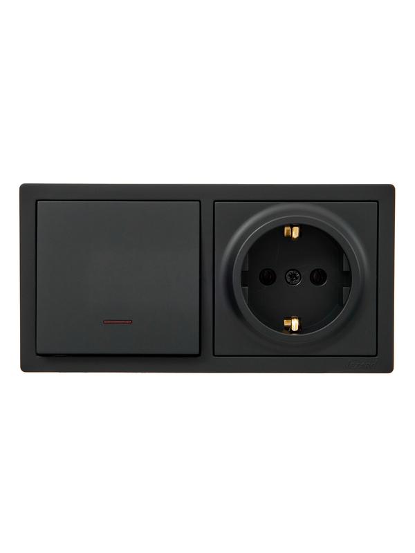 Блок ОП LETO (1-кл. выключатель с индикацией + 1-м розетка с заземл.) горизонт. черн. бархат LEZARD 752-4200-170BIP