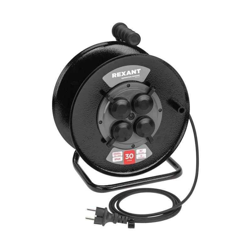 Удлинитель на метал. катушке 4х30м с заземл. IP44 КГ 3х1.5кв.мм c защ. крышкой Rexant 13-5011