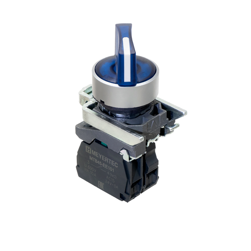 Переключатель на 2 положения с фиксацией и подсветкой 1NO 220В AC/DC IP65 металл MTB4-BK26713 син. ОВЕН 137173