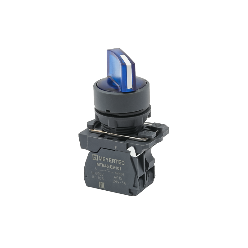 Переключатель на 2 положения с фиксацией и подсветкой 1NO 220В AC/DC IP65 пластик MTB5-AK26713 син. ОВЕН 137282