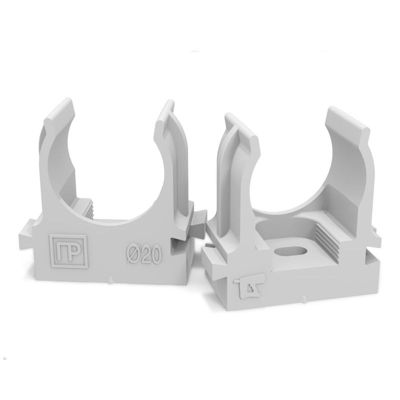 Держатель для труб (клипса) d20мм для прямого монтажа атмосферостойкая сер. в п/э Промрукав PR13.0402