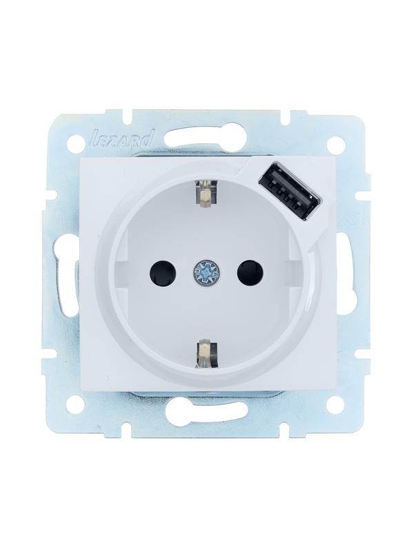 Розетка 1-м СП ASTI 16А IP20 с заземл. с заряд. устройством USB механизм бел. LEZARD 7081-0288-181