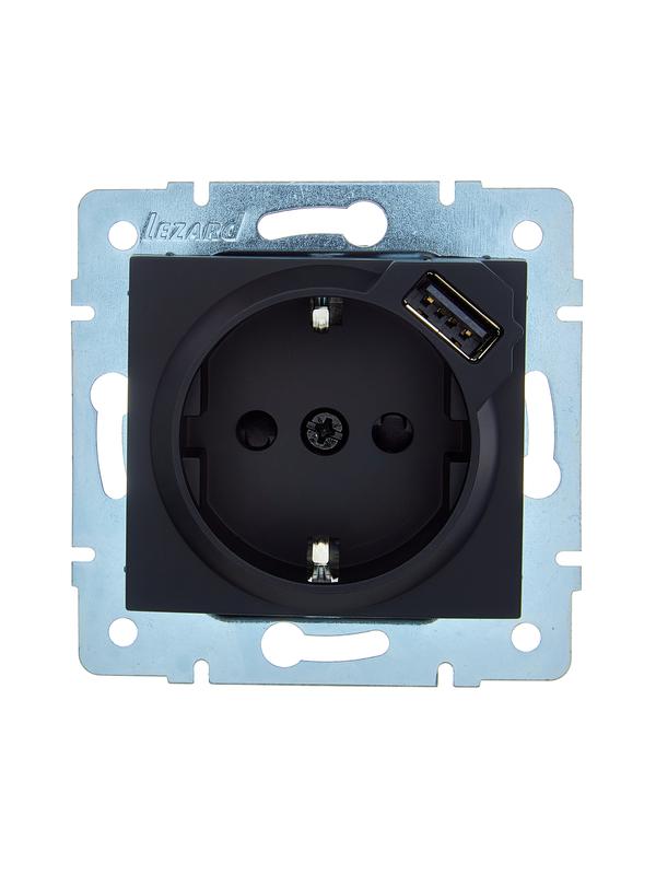 Розетка 1-м СП ASTI 16А IP20 с заземл. с заряд. устройством USB механизм черн. бархат. LEZARD 7081-4288-181
