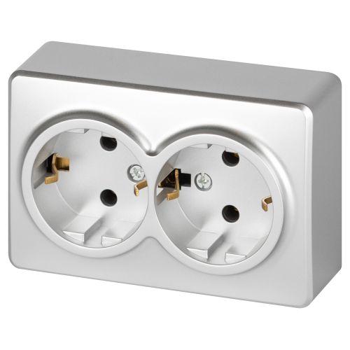 Розетка 2-м ОП Эксперт 11-2205-03 16А IP20 250В 2х2P+E Schuko с заземл. алюм. Эра Б0063046