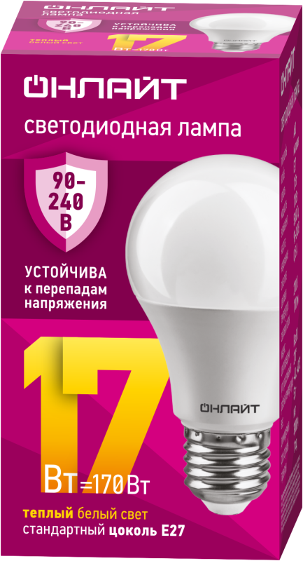 Лампа светодиодная 90 533 OLL-A60-17-230-2.7К-E27 17Вт грушевидная 2700К E27 90-240В PRO ОНЛАЙТ 90533