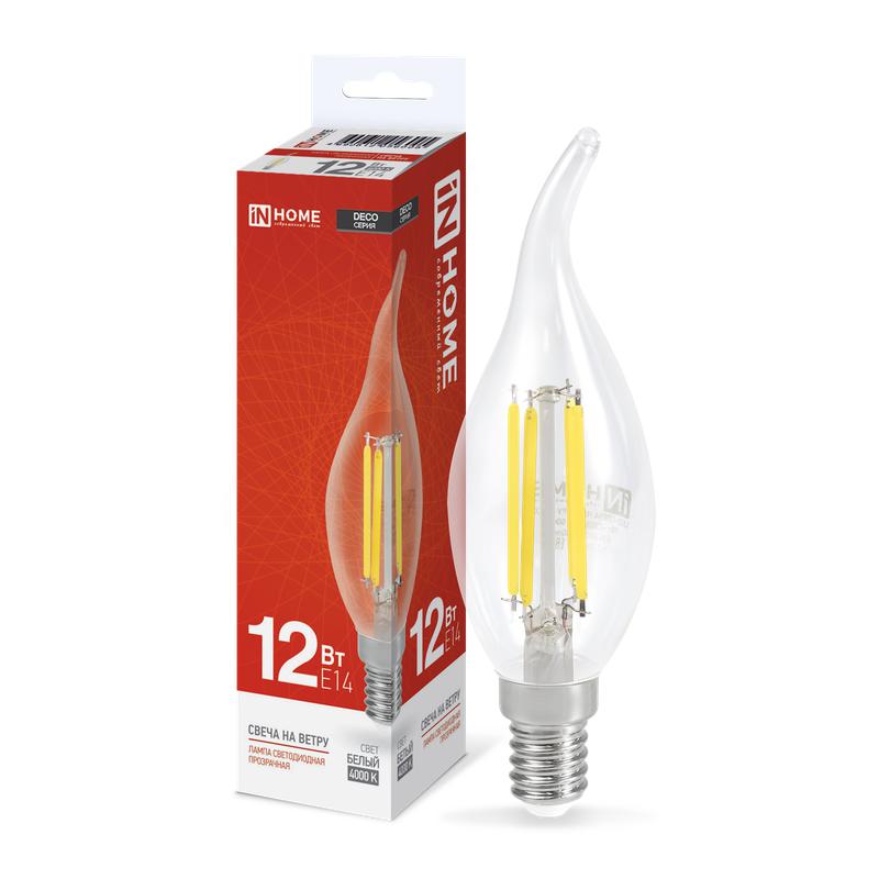 Лампа светодиодная филаментная LED-СВЕЧА НА ВЕТРУ-deco свеча на ветру прозрачная 12Вт 230В E14 4000К 1350лм IN HOME 4690612056005