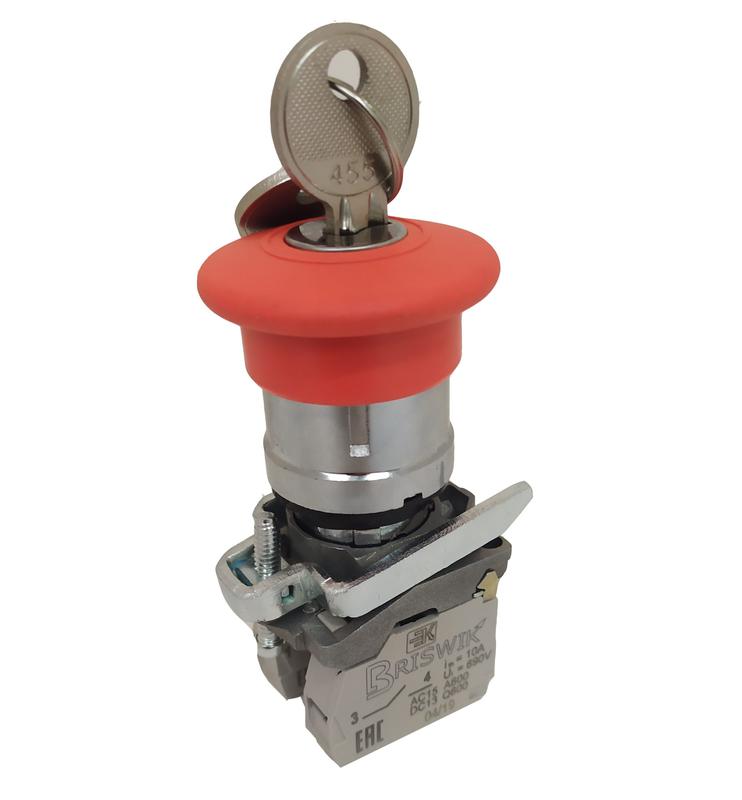 Выключатель кнопочный КМЕ-5111м-КС УХЛ3 1НО+1НЗ 10А IP40 толкатель грибовидный с фиксацией возврат ключом метал. осн. d посадочного отверст. 22мм красн. ЭЛЬКОМ A8012-32100208