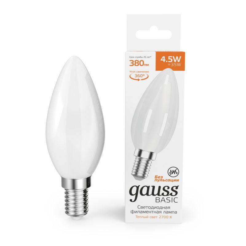 Лампа светодиодная филаментная Basic Filament 4.5Вт Свеча 2700К Е14 380лм milky GAUSS 1035115