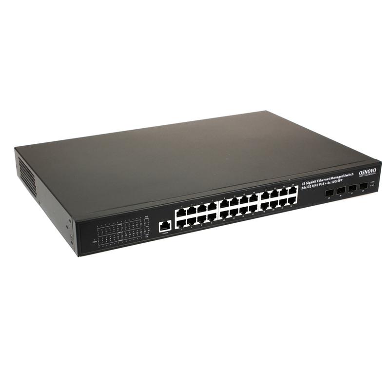 Коммутатор управляемый L3 PoE SW-24G4X-1L на 24хGE RJ-45 c PoE + 4х10G SFP+ порта OSNOVO 14163