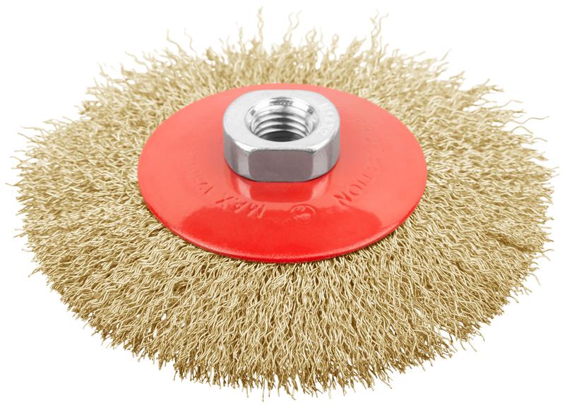 Корщетка-колесо с наклоном гайка М14 стальная латунированная волнистая проволока 115мм FIT 39051