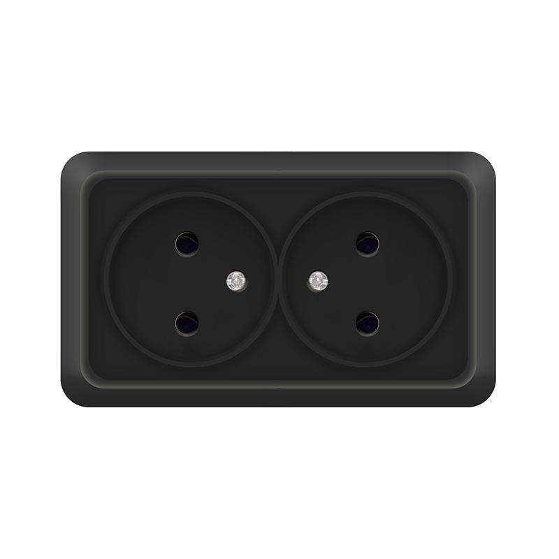 Розетка 2-м ОП Олимп 16А IP20 без заземл. черн. Universal 2215