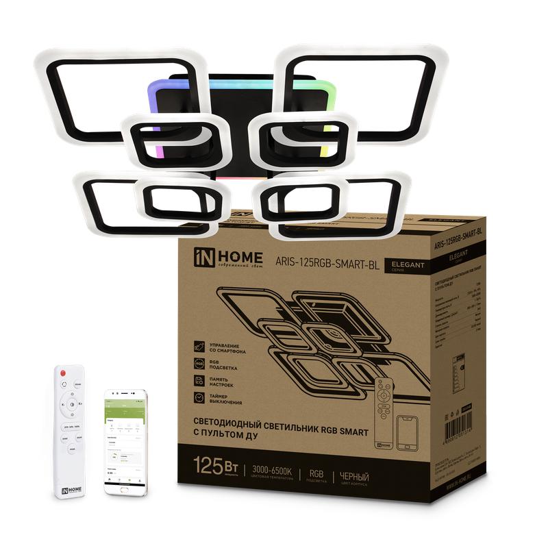 Светильник светодиодный ELEGANT ARIS-125RGB-SMART-BL 125Вт 3000-6500К 8800лм 230В 585х585х115мм ПУ черн. IN HOME 4690612051314