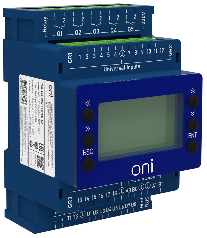 Модуль ЦПУ ПЛК 150 18 UI 6 UIO 2 UO 7 DO 24В DC с экраном ONI PLC-150-CPU-18U15U-1D