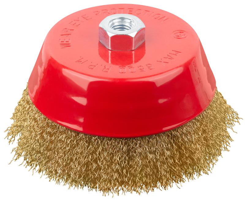 Корщетка-чашка гайка М14 стальная латунированная волнистая проволока 150мм FIT 39274