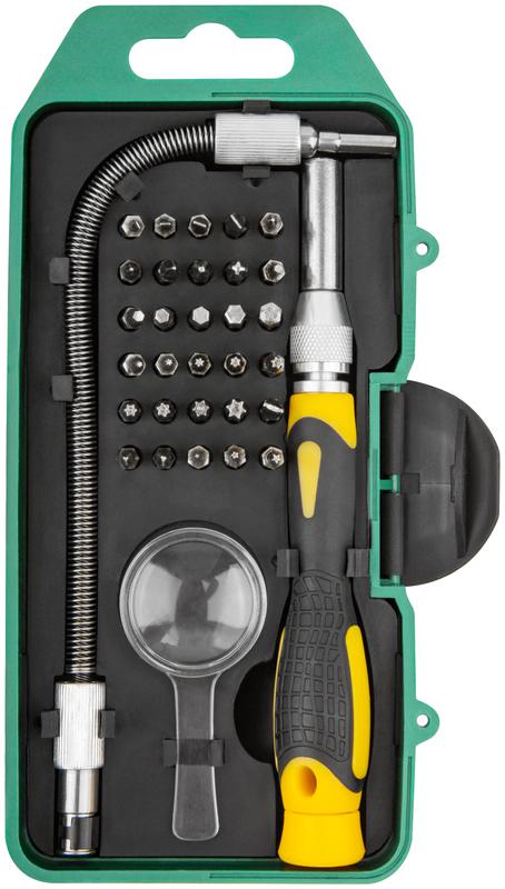 Отвертка с битами для точных работ 30 CrV бит гибкий переходник 190мм лупа пластиковый бокс FIT 56190