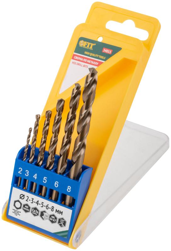 Набор сверл HSS по металлу с добавкой кобальта 5% 6шт (2-3-4-5-6-8мм) FIT 34013