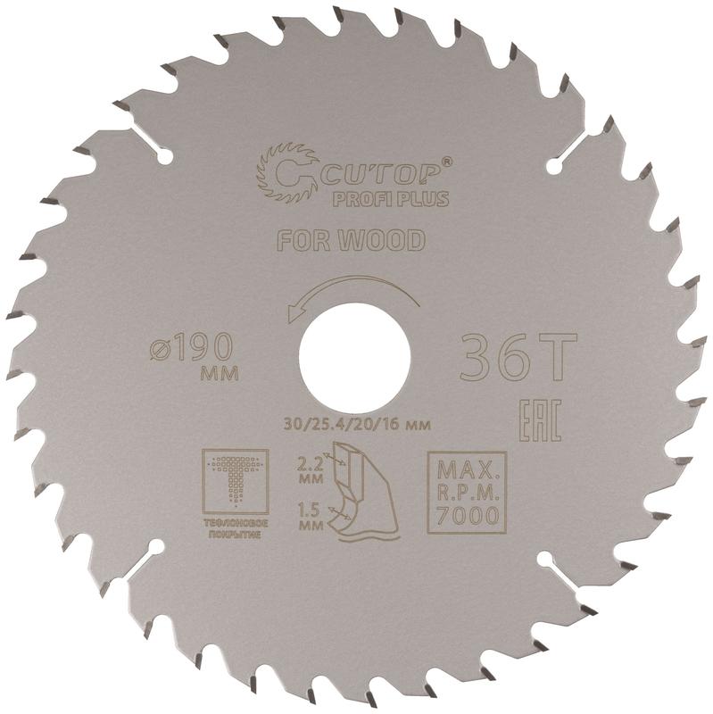 Диск пильный по дереву с тефлоновым покрытием 36Т Profi plus 190х1.5/2.2х30/25.4/20/16мм Cutop 75-19036Т