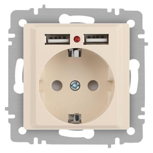 Розетка 1-м СП Accent 6-410-02 16А IP20 250В P+E Schuko + 2хUSB защ. шторки сл. кость Intro Б0063692