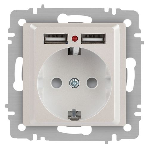 Розетка 1-м СП Accent 6-410-06 16А IP20 250В P+E Schuko + 2хUSB защ. шторки перламутр. Intro Б0063700