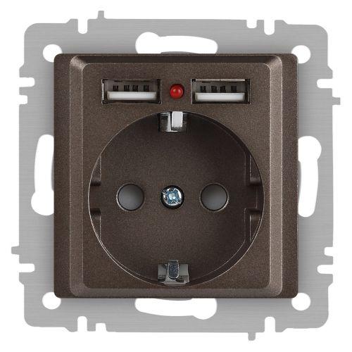 Розетка 1-м СП Accent 6-410-08 16А IP20 250В P+E Schuko + 2хUSB защ. шторки бронза Intro Б0063704