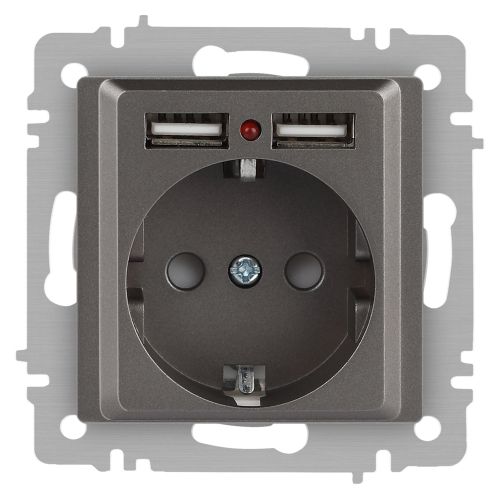 Розетка 1-м СП Accent 6-410-09 16А IP20 250В P+E Schuko + 2хUSB защ. шторки титан Intro Б0063711