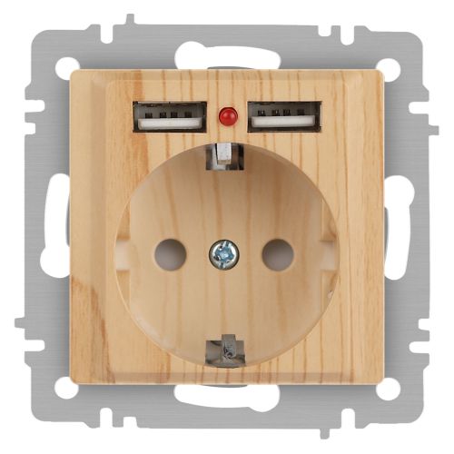 Розетка 1-м СП Accent 6-410-11 16А IP20 250В P+E Schuko + 2хUSB защ. шторки сосна Intro Б0063720