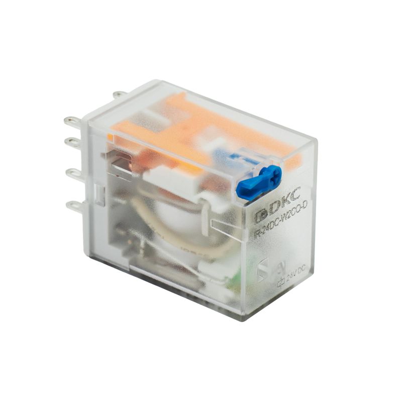 Реле миниатюрное промышленное общего назначения 2CO ком. ток 12А AgSnO2 напряжение 24В DC опция: тест-кнопка+светодиод+защитный диод DKC IR-24DC-W2CO-D