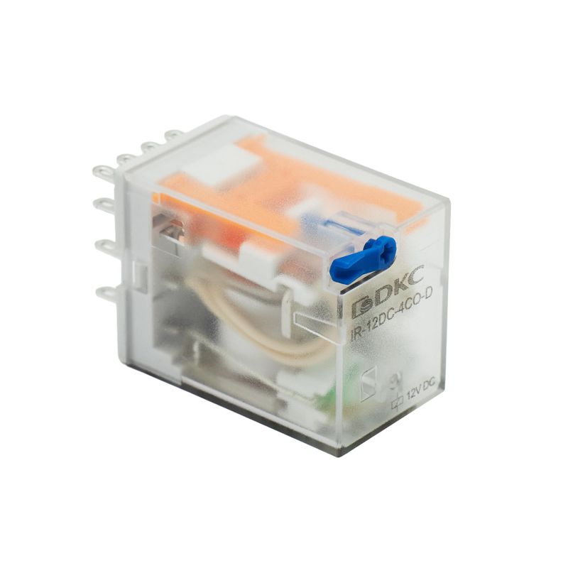 Реле миниатюрное промышленное общего назначения 4CO ком. ток 6А AgSnO2 напряжение 12В DC опция: тест-кнопка+светодиод+защитный диод DKC IR-12DC-4CO-D