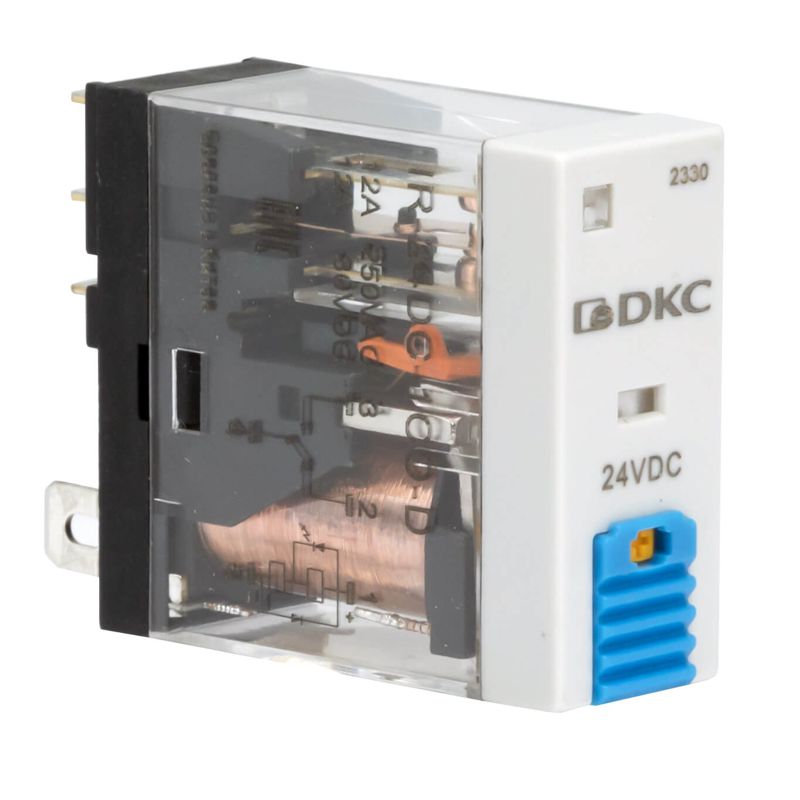 Реле миниатюрное промышленное 1CO ком. ток 12А AgSnO2 напряжение 12В DC опция: тест-кнопка+светодиод+защитный диод DKC IR-12DC-1CO-D
