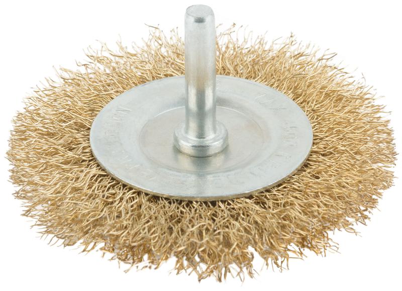 Корщетка тип "колесо" со штифтом стальная латунированная волнистая проволока 75мм MOS 38484М