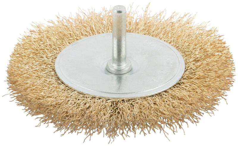 Корщетка тип "колесо" со штифтом стальная латунированная волнистая проволока 100мм MOS 38485М