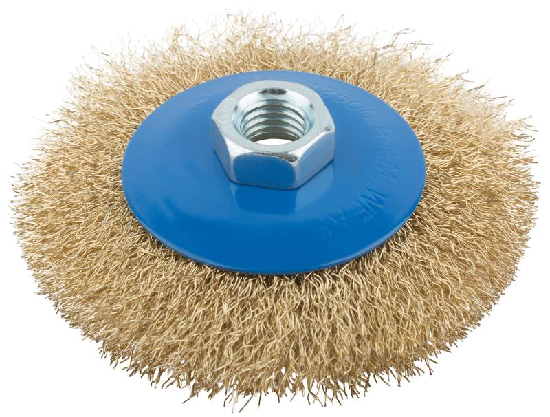 Корщетка тип "колесо" с наклоном гайка М14 стальная волнистая латунированная проволока 100мм MOS 38926М