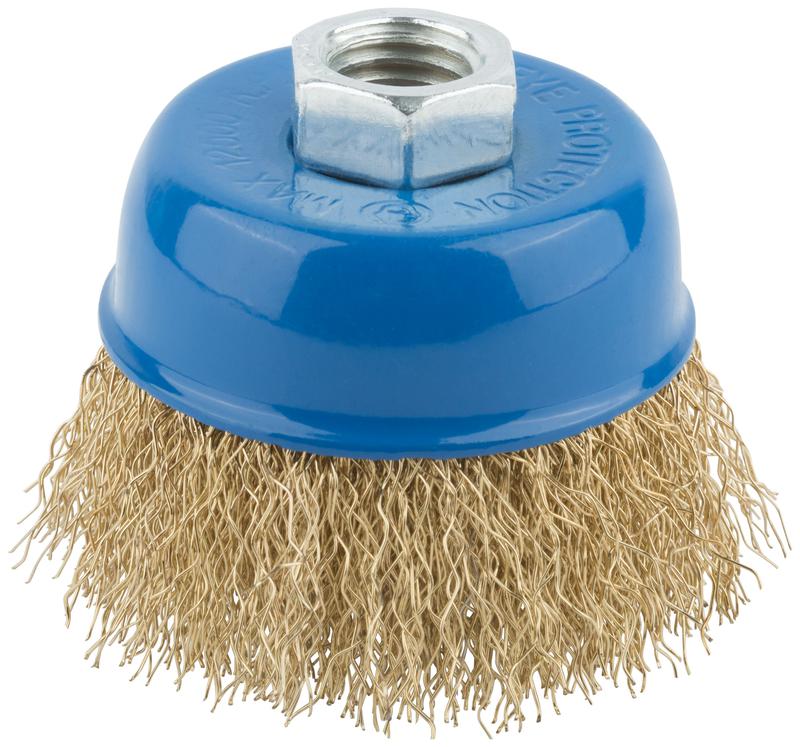 Корщетка тип "чашка" гайка М14 стальная латунированная волнистая проволока 65мм MOS 38941М