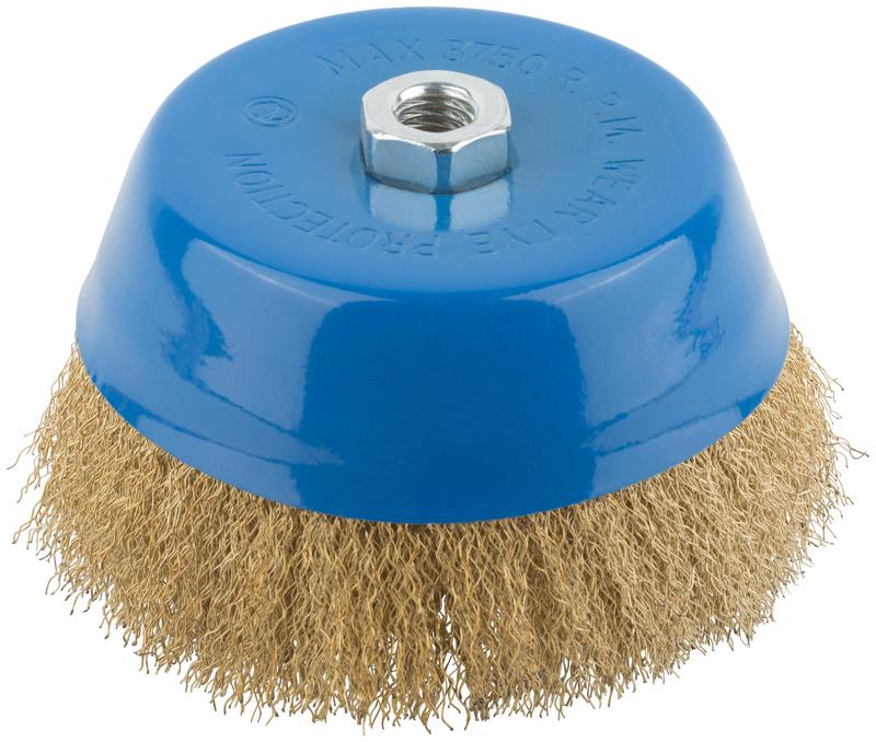 Корщетка тип "чашка" гайка М14 стальная латунированная волнистая проволока 150мм MOS 38945М