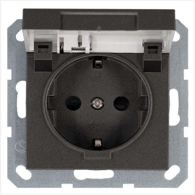 Розетка 1-м Shuko 16А IP20 с заземл. защ. шторки с крышкой механизм мокко Jasmart G5505Z