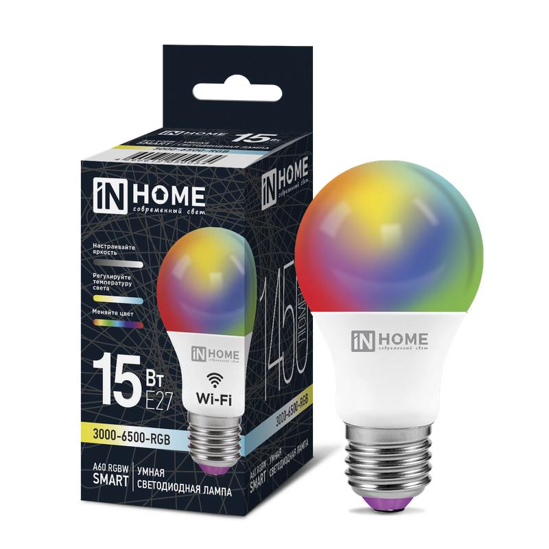 Лампа светодиодная LED-A60-RGBW-SMART 15Вт 3000-6500К E27 1450лм 230В димм. IN HOME 4690612050034