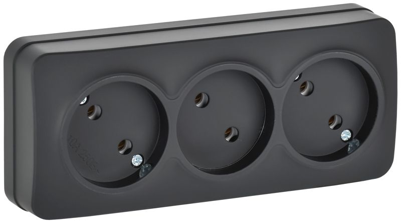 Розетка 3-м ОП GLORY РС23-2-ХЧм 10А без заземл. без защ. шторок черн. матов. IEK ERH30-K02M-10