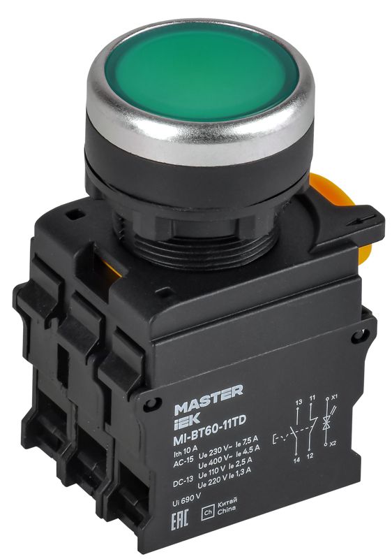 Кнопка d22мм 1НО+1НЗ MASTER с подсветкой и фиксацией зел. IEK MI-BT60-11TD-3-11-K06