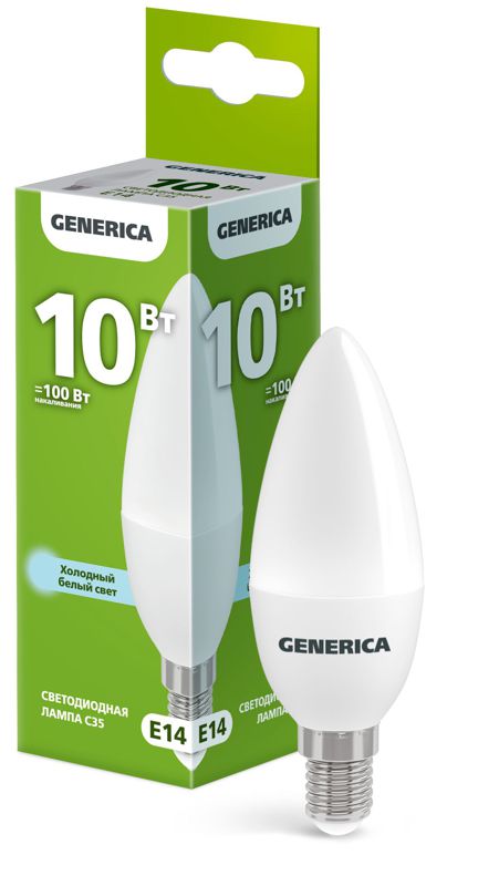 Лампа светодиодная C35 10Вт свеча 6500К E14 230В GENERICA LL-C35-10-230-65-E14-G