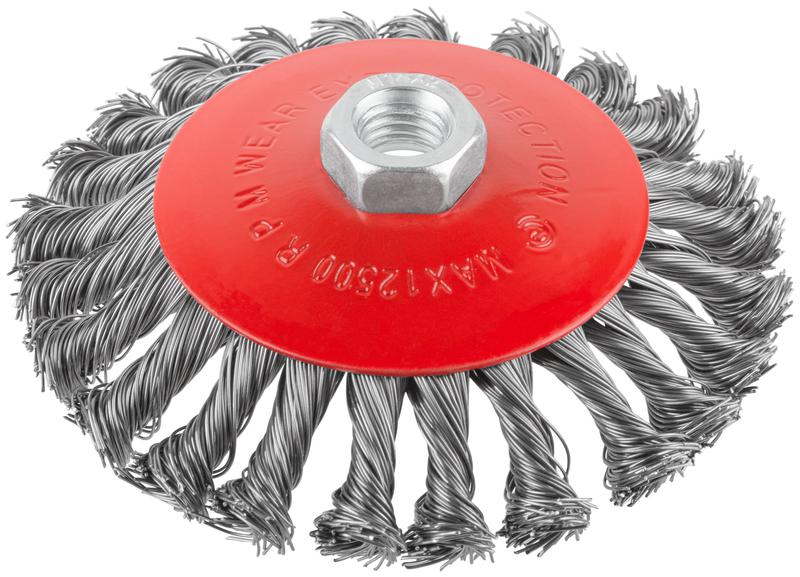 Корщетка-колесо с наклоном гайка М14 стальная витая проволока 125мм КУРС 39035