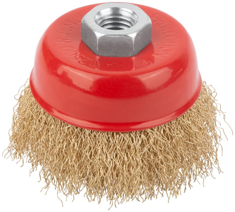 Корщетка чашечная гайка М14 стальная латунированная волнистая проволока 75мм КУРС 39037