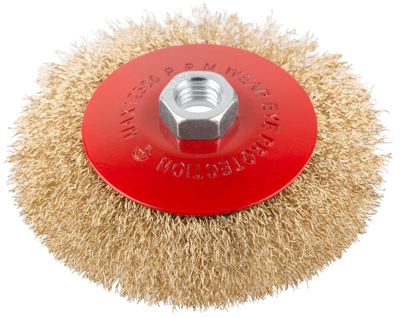 Корщетка-колесо с наклоном гайка М14 стальная латунированная волнистая проволока 125мм блистер КУРС 39085