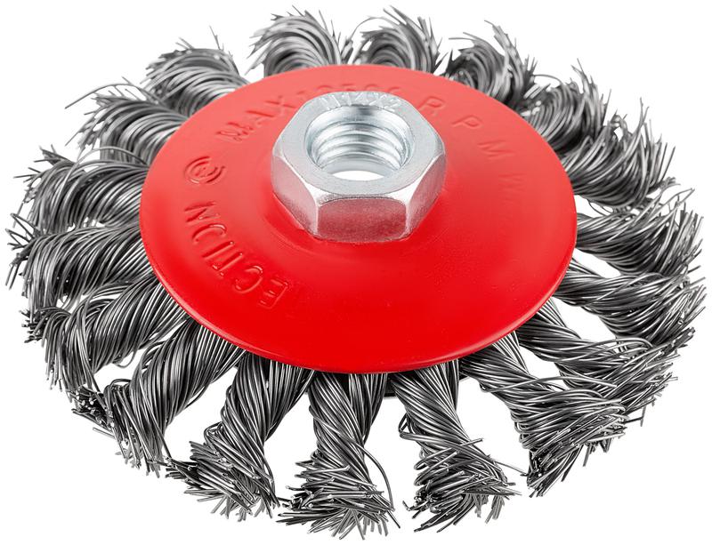 Корщетка-колесо с наклоном гайка М14 стальная витая проволока 100мм блистер КУРС 39087