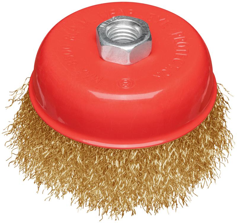 Корщетка-чашка гайка М14 стальная латунированная волнистая проволока 100мм блистер КУРС 39093