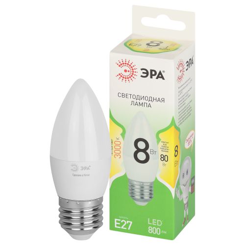 Лампа светодиодная GREEN LINE B35-8W-830-E27 GL 8Вт свеча 3000К свет тепл. E27 Эра Б0067088