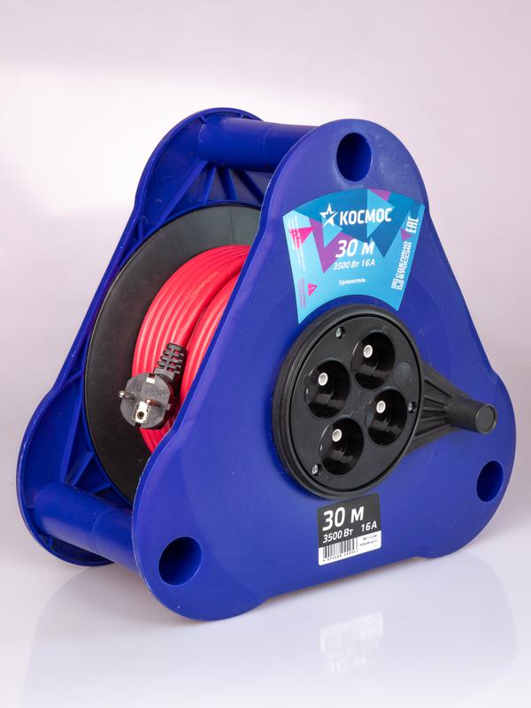 Удлинитель на треугольной катушке 4х30м без заземл. 16А IP44 3.5кВт ПВС 2х2.5 УКП КОСМОС YKTKsm30m-4g(2.5)